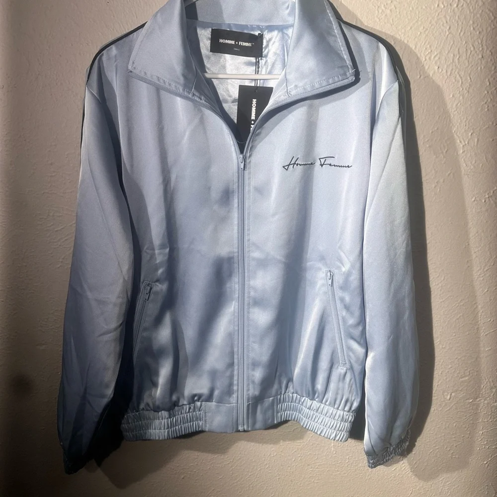 Homme + Femme World Famous Light Blue Bomber Jacket NWT Size Small